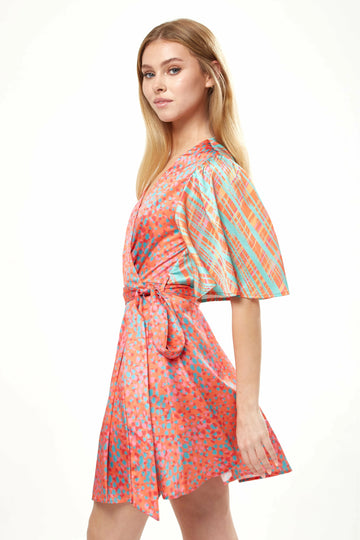 Orange Printed Mini Wrap Dress With Kimono Sleeve Liquorish
